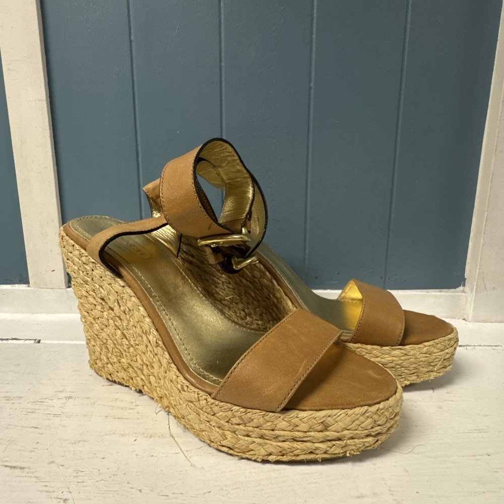 Coach Women's Size 8.5 Tan Leather Espadrille Straw Wedge Platform - Picture 5 of 11